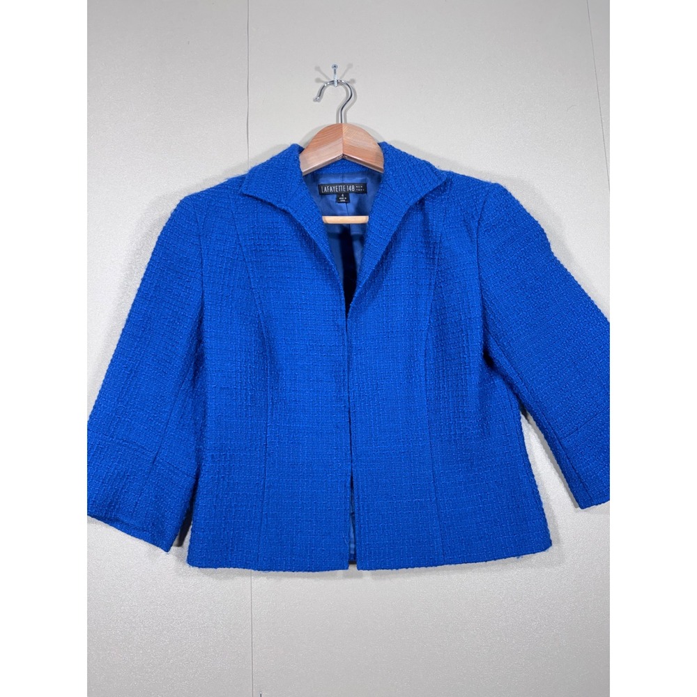 Lafayette 148 New‎ York Cobalt Blue Boucle Blazer Jacket Size 4 Open Front Hook